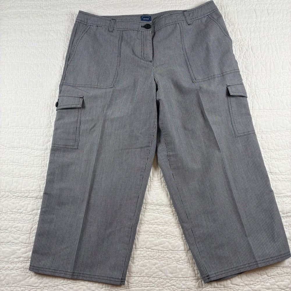 IZOD Cargo Crop Pants Women 12 Blue Striped Stretch Utility Nautical Vacation